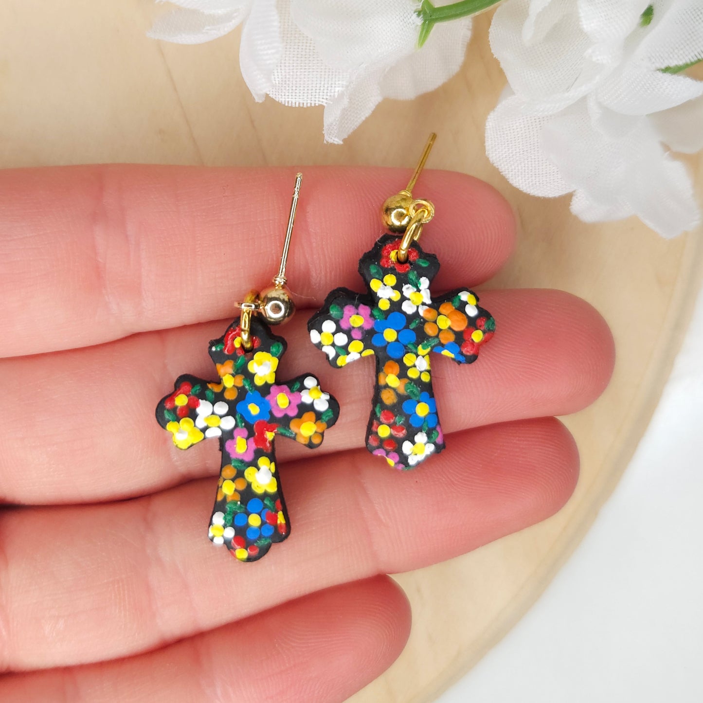 Handmade Mexican Cross Polymer Clay Earrings