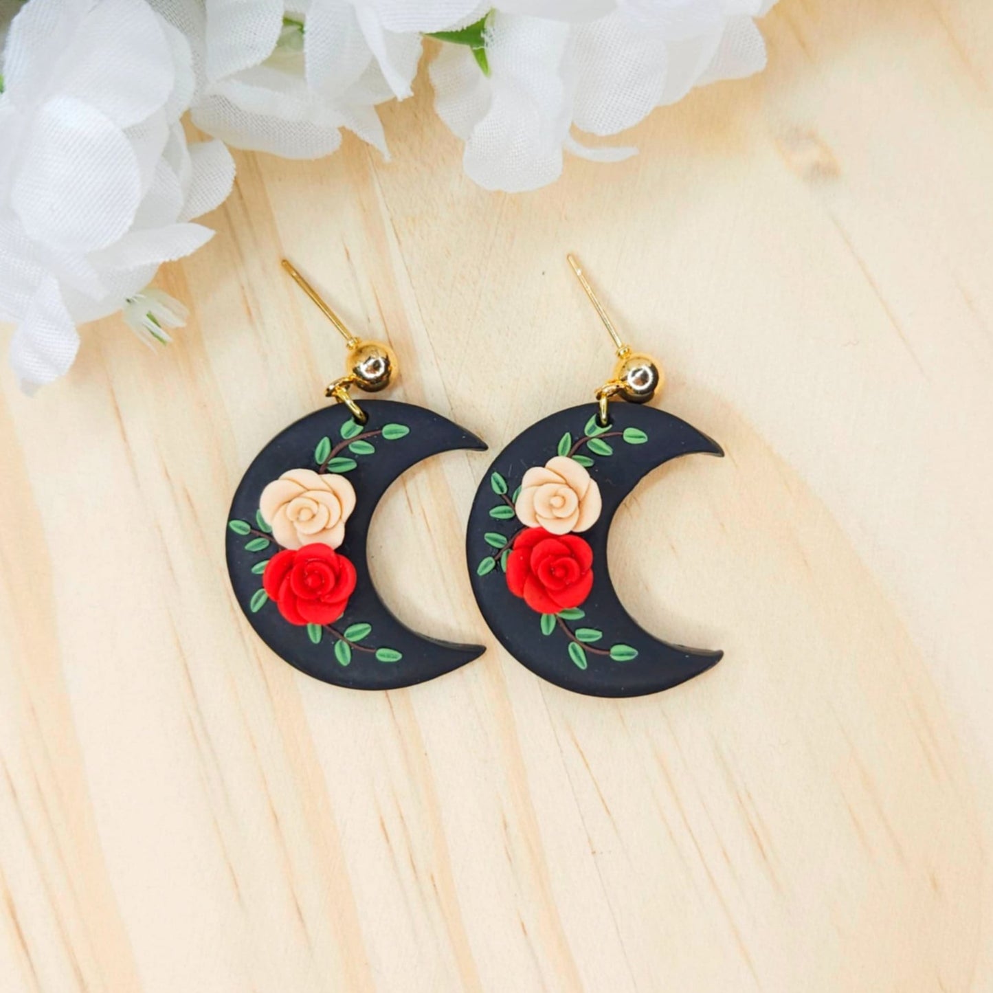 Handmade Polymer Clay Boho Black Moon Earrings