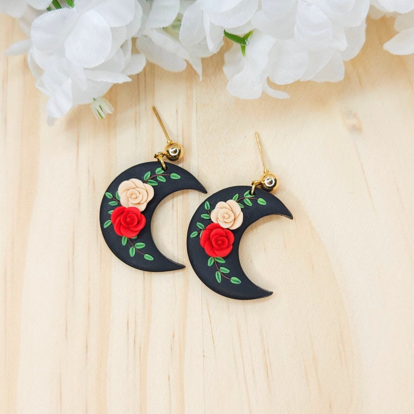 Handmade Polymer Clay Boho Black Moon Earrings