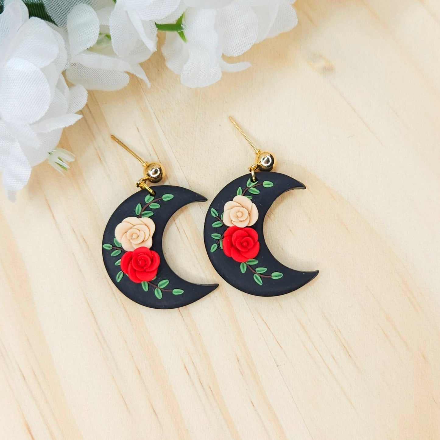 Handmade Polymer Clay Boho Black Moon Earrings