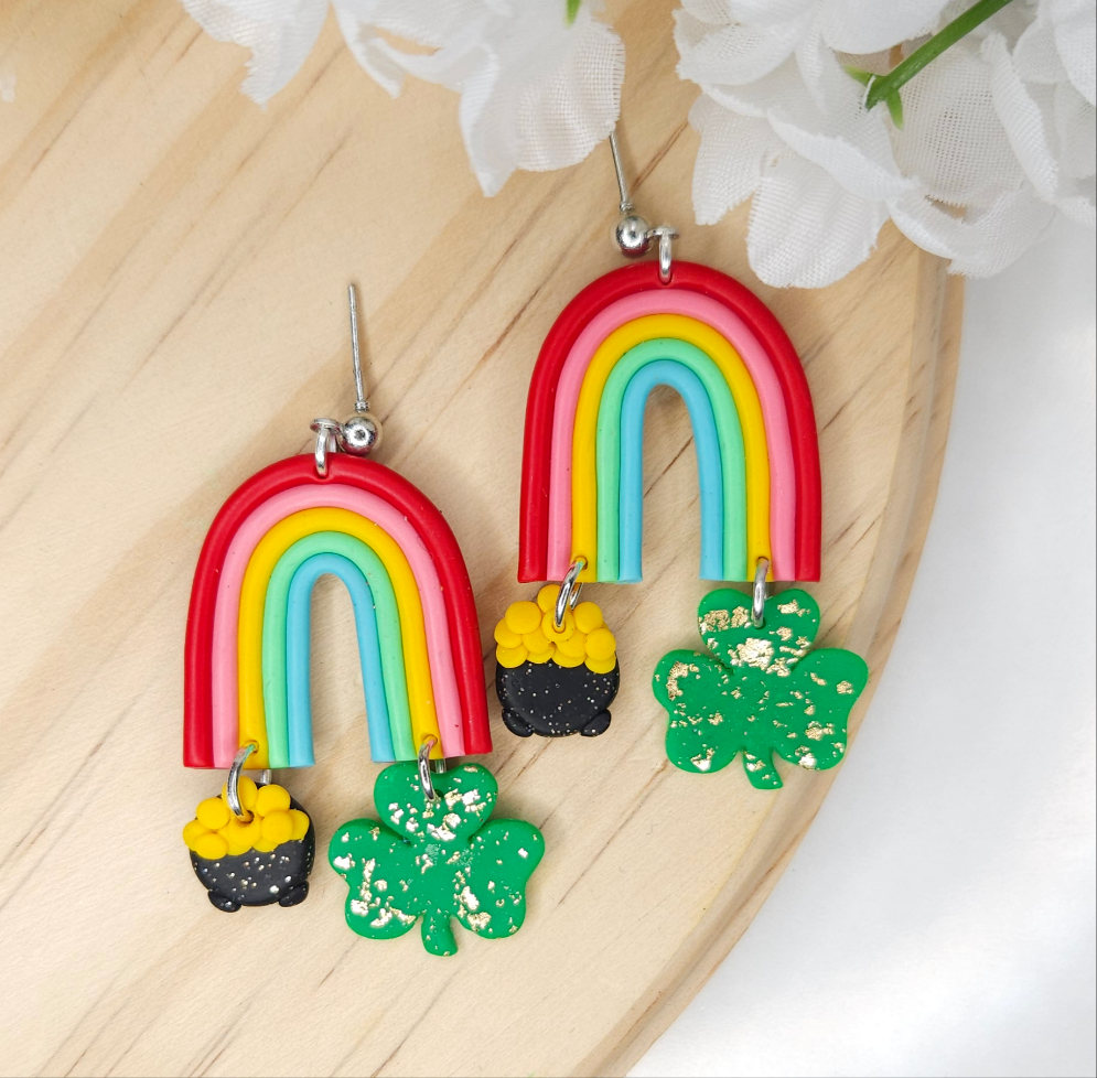 Handmade St. Patrick's Day Rainbow Clay Earrings