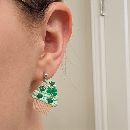 Handmade St. Patrick's Day Cupcake Clay Earrings