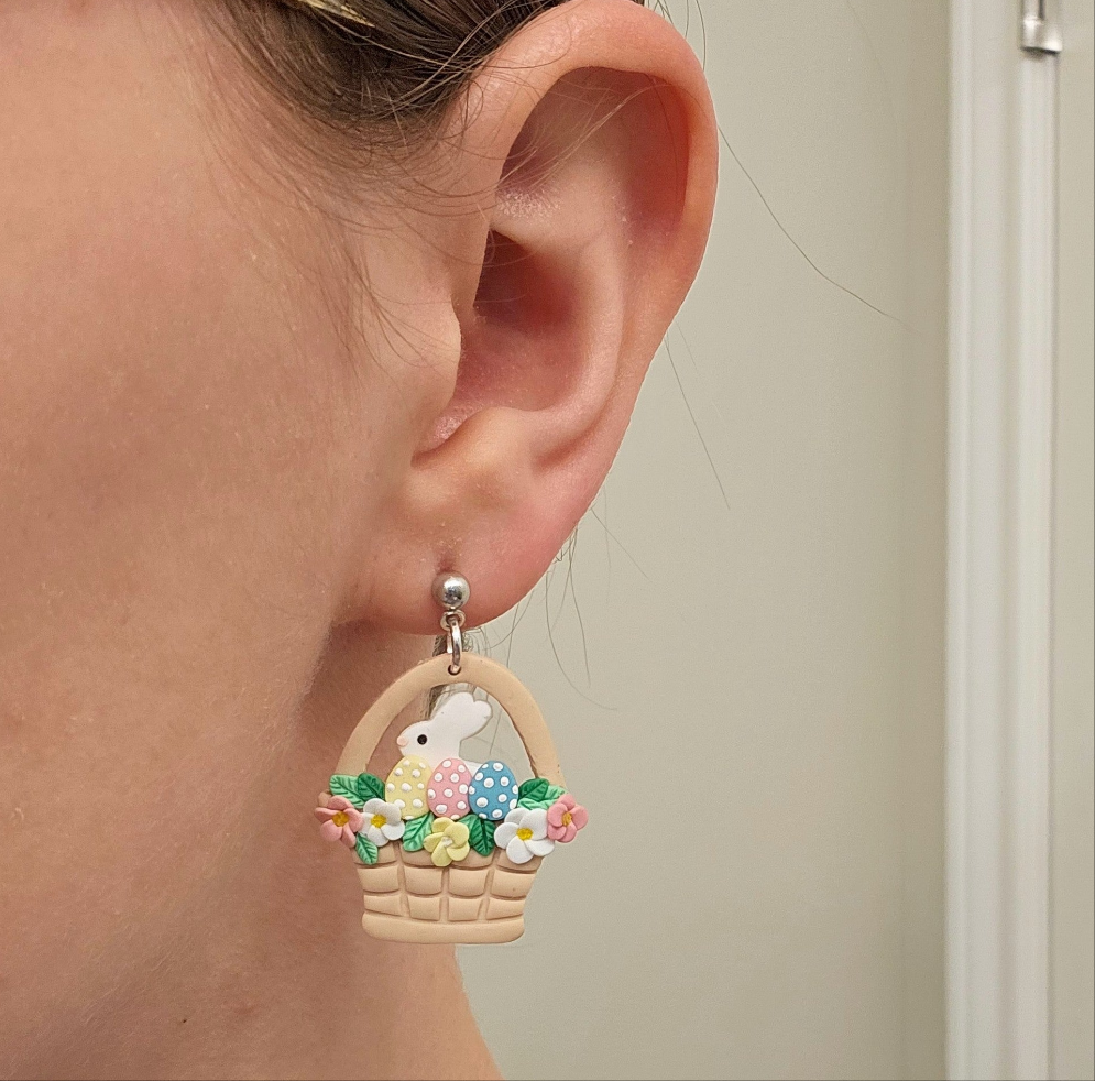 Handmade Easter Basket Bunny Clay Earrings