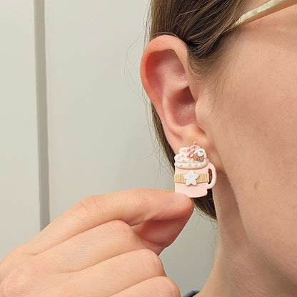 Handmade Pink Christmas Studs Clay Earrings