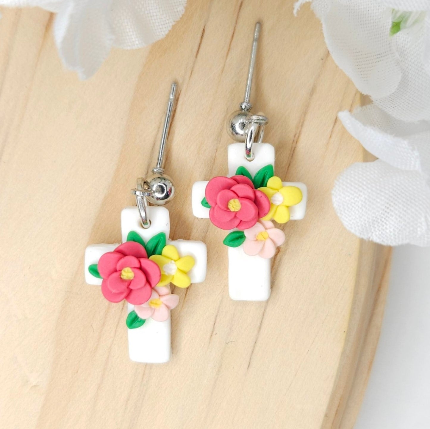 Handmade Easter Cross Floral Polymer Clay Earrings