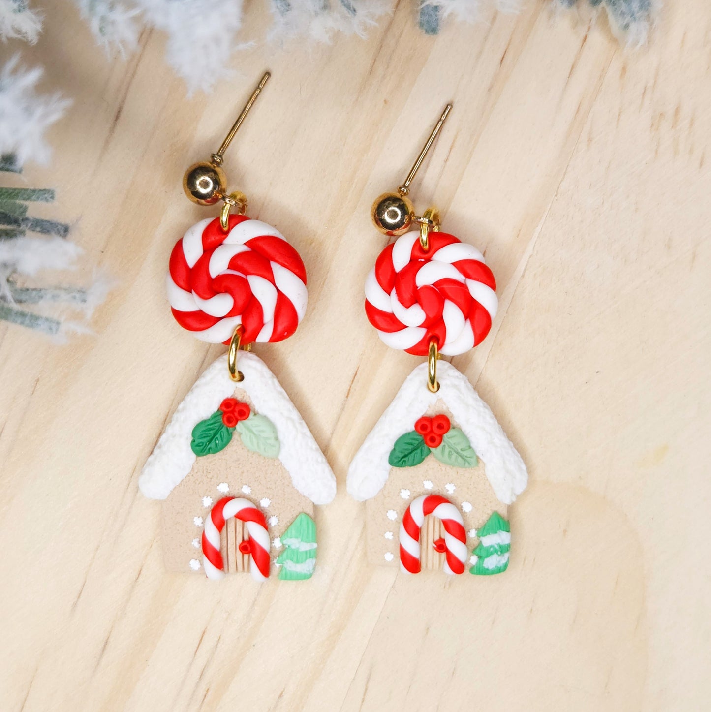 Handmade Gingerbread House Christmas Clay Earrings