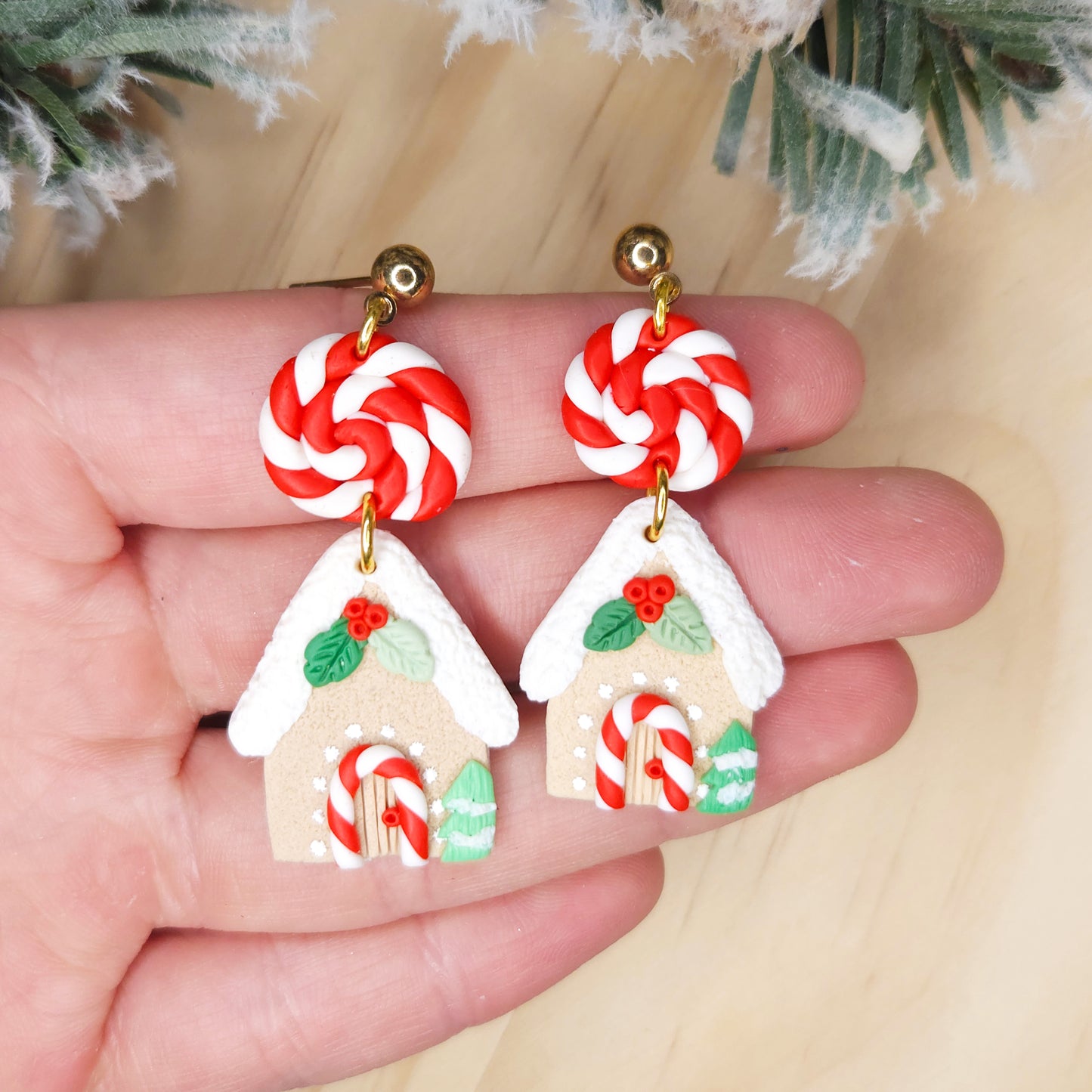 Handmade Gingerbread House Christmas Clay Earrings