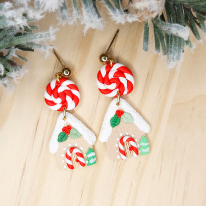 Handmade Gingerbread House Christmas Clay Earrings